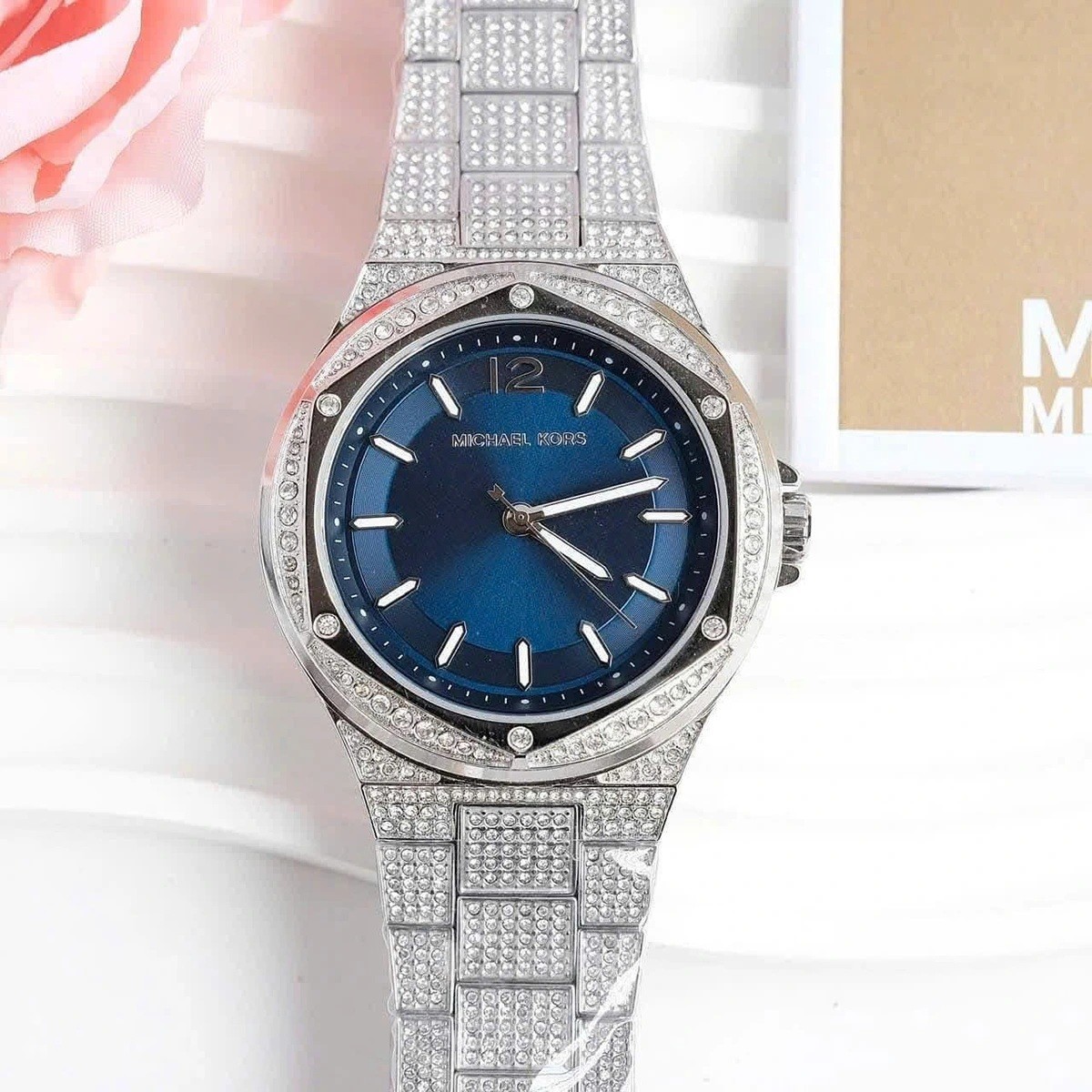 MICHAEL KORS LENNOX MK6990 SILVER TONE PAVE BRACELET DARKBLUE DIAL UNISEX 43MM