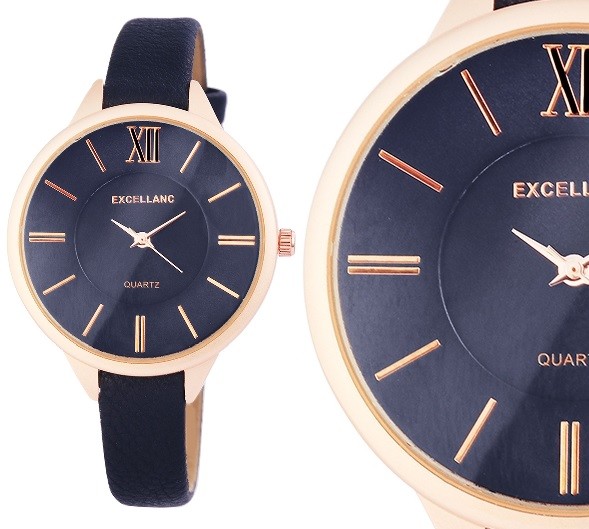 Ladies’ Watch Wristwatch Blue Rose Gold Slim Faux Leather Strap Excellanc 190/042