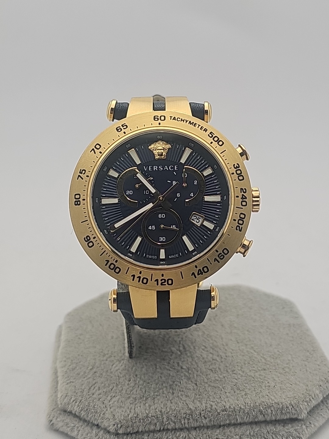 Versace Mens Bold Chrono IP Yellow Gold Bezel Blue Dial 46mm Strap Fashion Watch