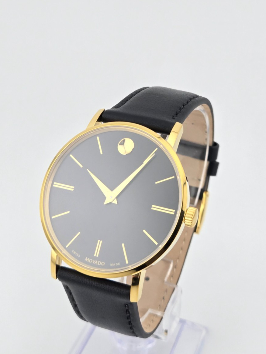Movado Signature 0607988 Men’s Leather Band Black Dial Watch ⌚