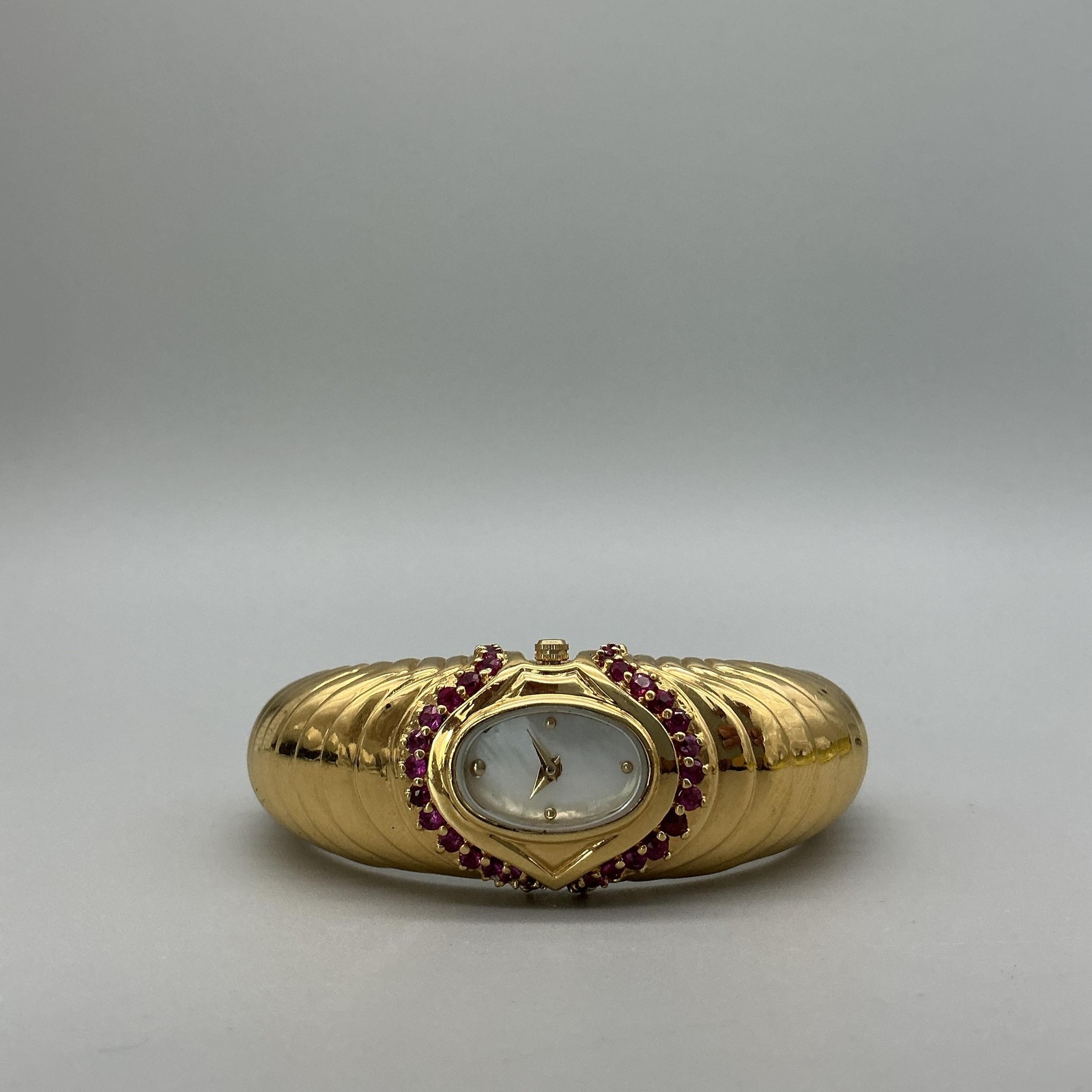 Vintage Franklin Mint Women Watch 20mm MOP Pink Rubies Gold Tone New Battery 6″
