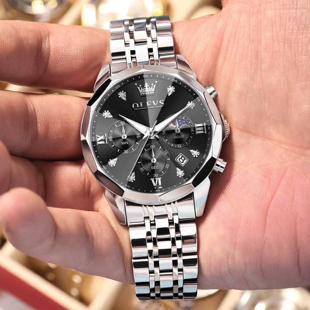 Elegant Silver & Black Men’s Watch with Diamond Accents – Business Dress Style