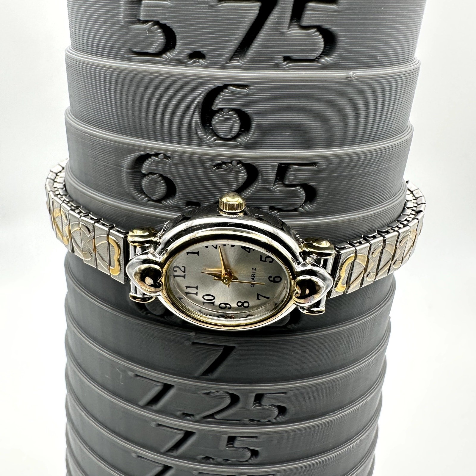 Oval Quartz Watch Two-Tone Silver And Gold Ladies Bracelet Hearts Pattern