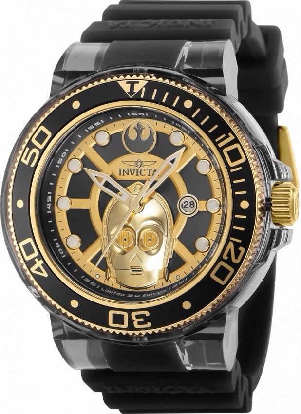 Invicta Star Wars C-3PO Men’s Quartz Watch 50m Date Black Silicone Box