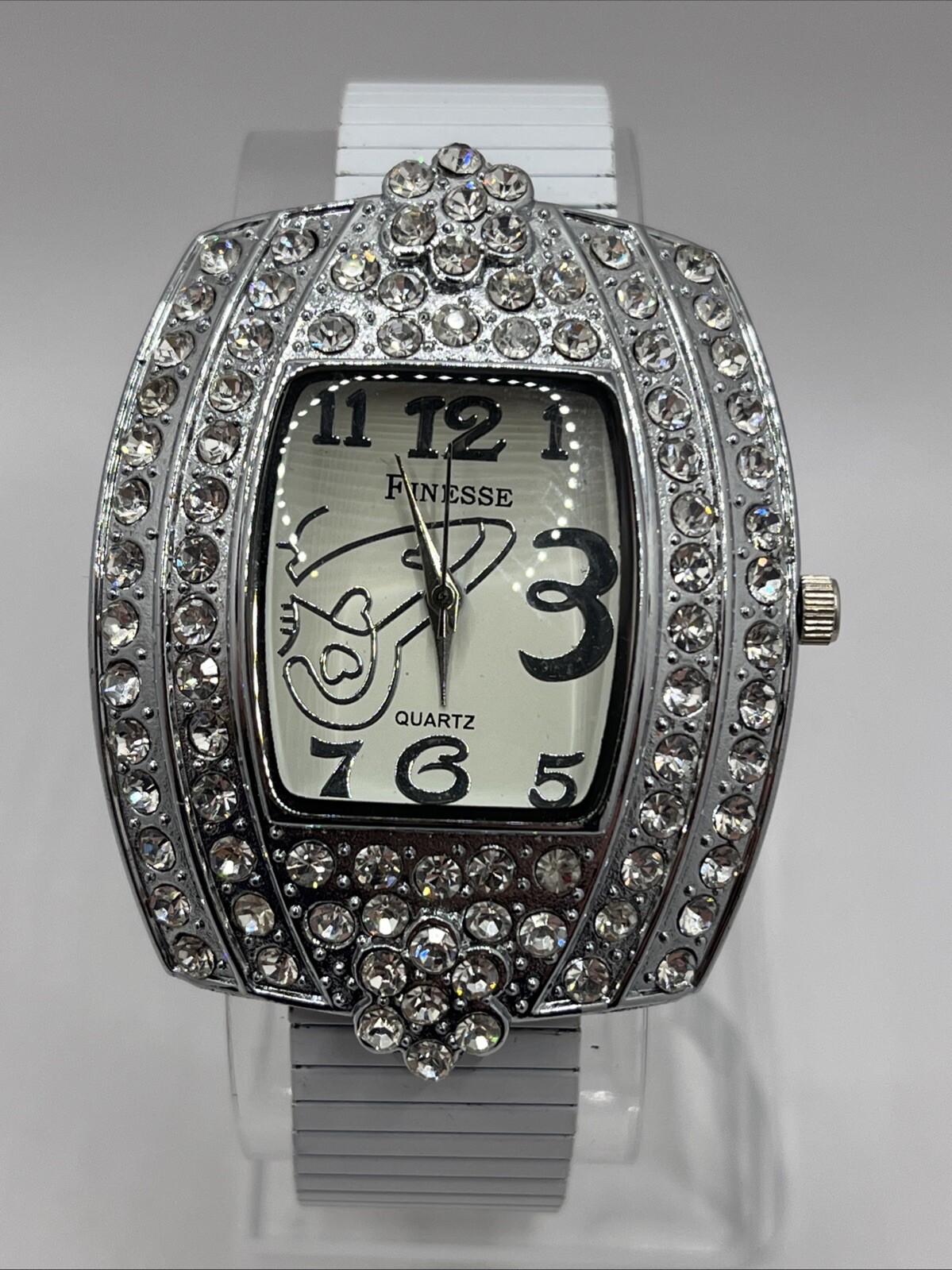 Finesse Women’s Watch Rhinestone Bezel White Stretch Band Butterfly- New Battery