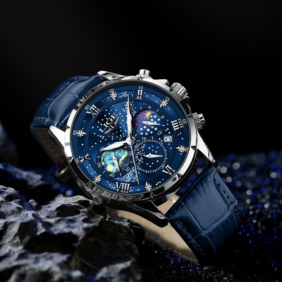 LIGE Luxury Quartz Men’s Watch Leather Moonphase Waterproof Luminous Wristwatch