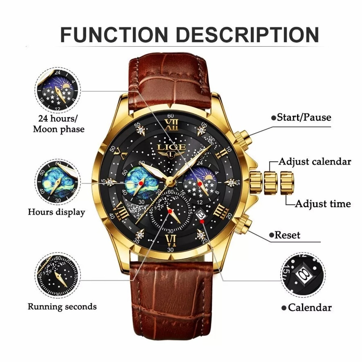 LIGE Luxury Quartz Men’s Watch Leather Moonphase Waterproof Luminous Wristwatch