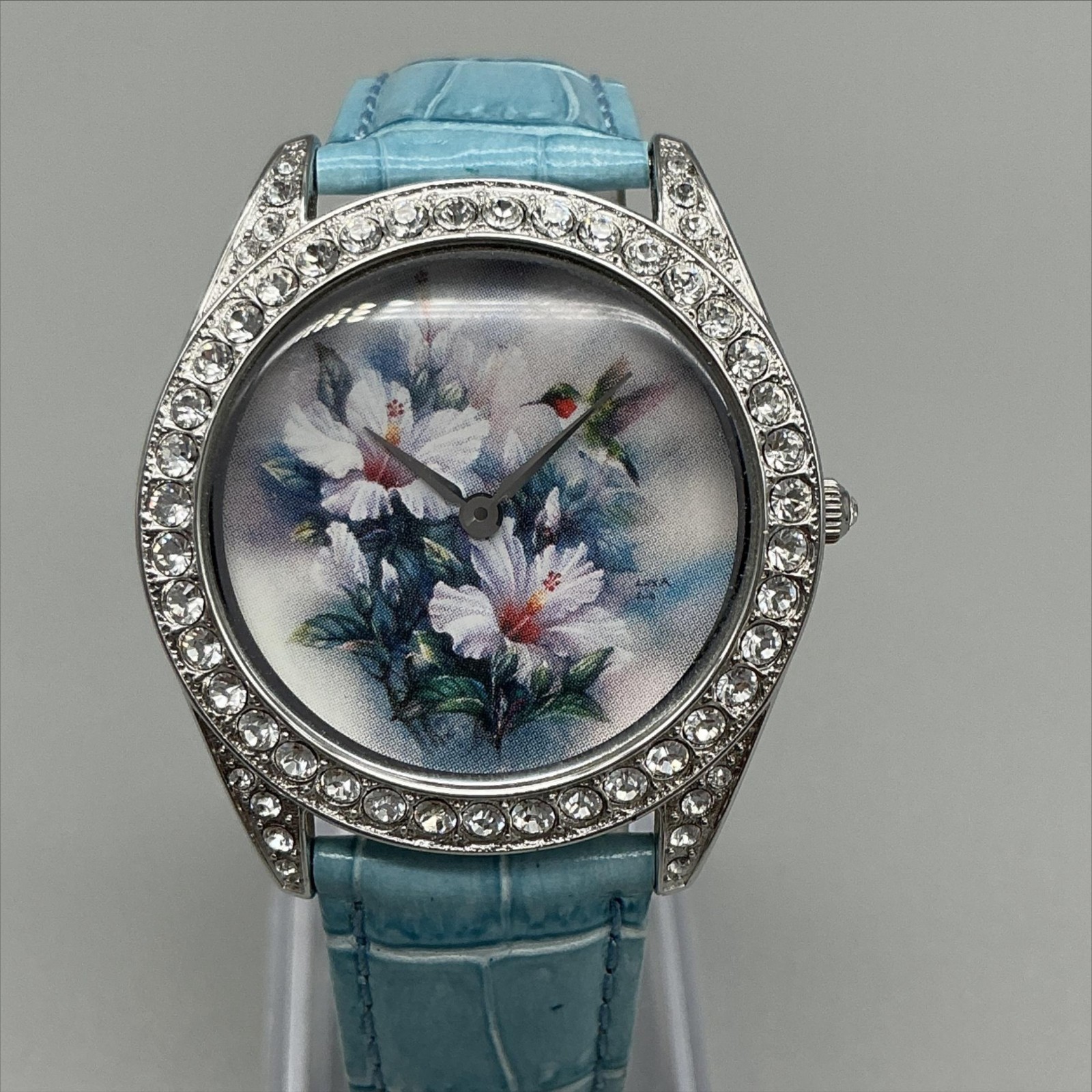 Lena Liu Women Watch 35mm Floral Silver Tone Blue Strap Crystals New Battery