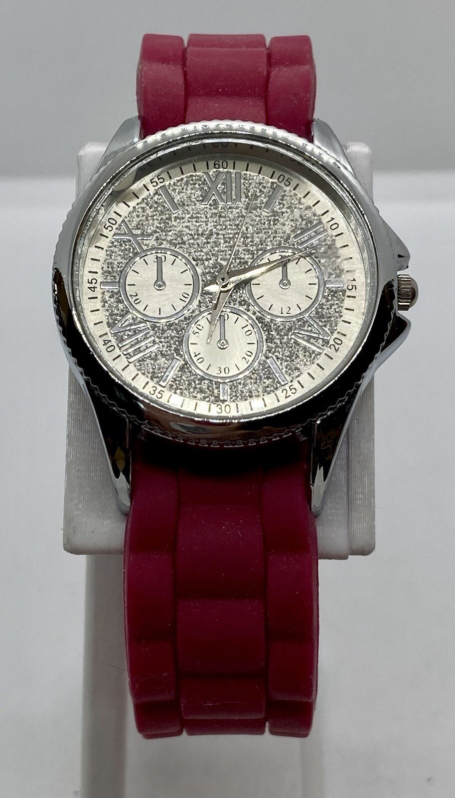 NEW JESSICA CARLYLE Ladies Watch Fresh Battery Pink Strap Silver Faux Chrono