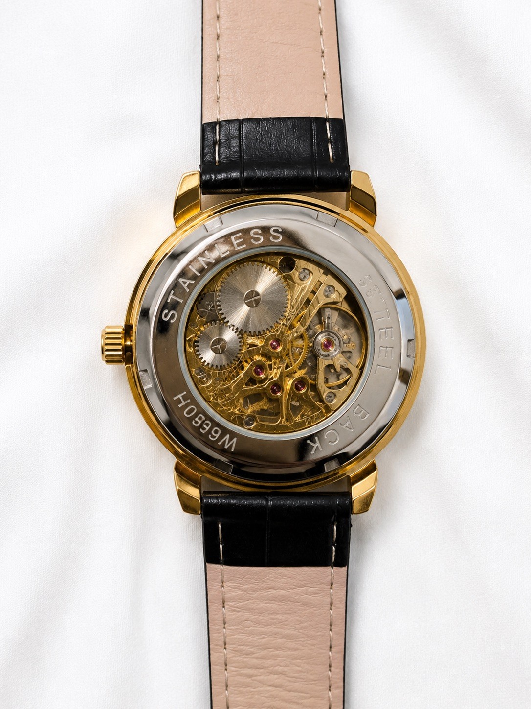 FORSINING Men’s Manual Skeleton Watch Gold Case Black Synthetic Leather Strap