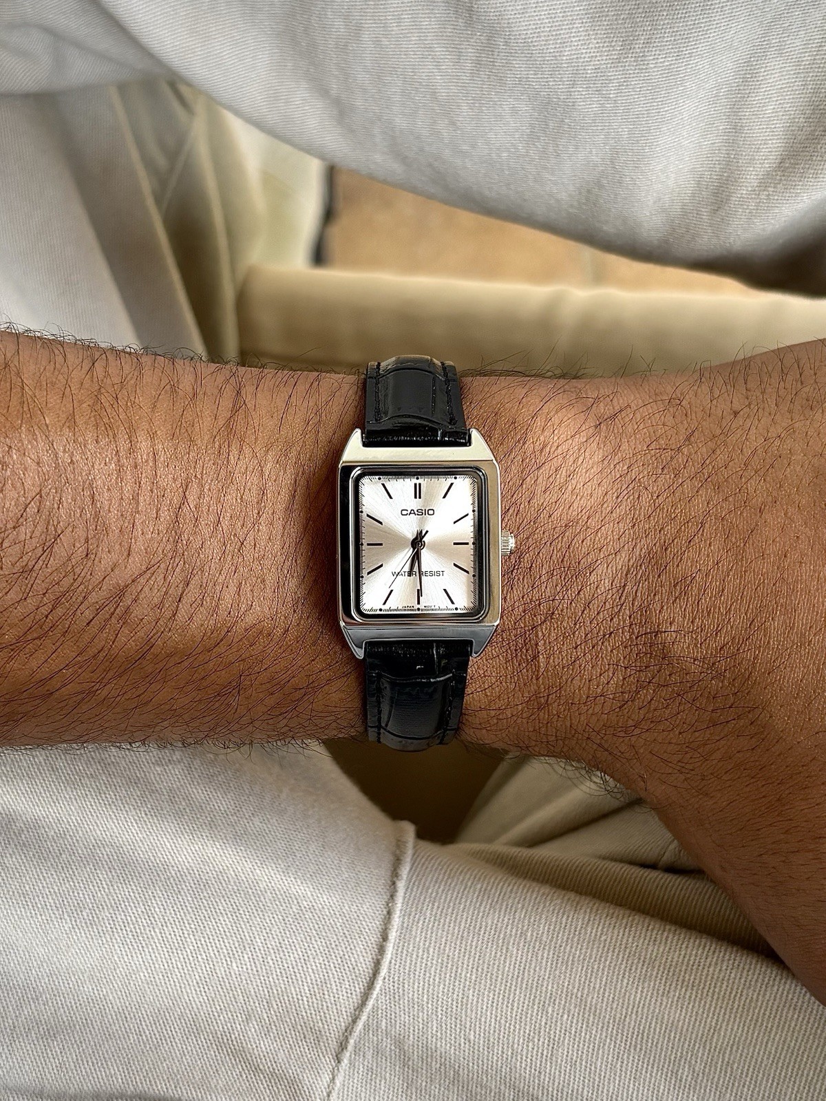Casio Tank Style Watch Black Leather Strap Silver Dial
