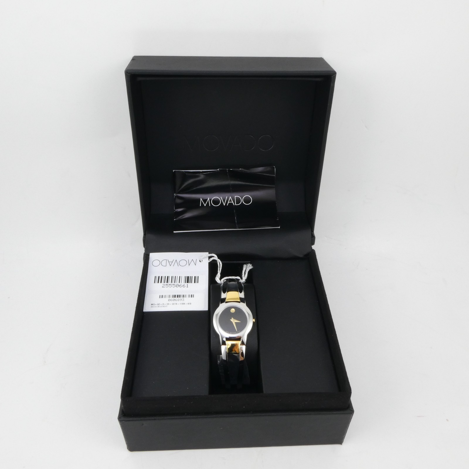 Movado Amorosa 0606893 Black Dial Two Tone Swiss Steel Ladies Wristwatch NEW
