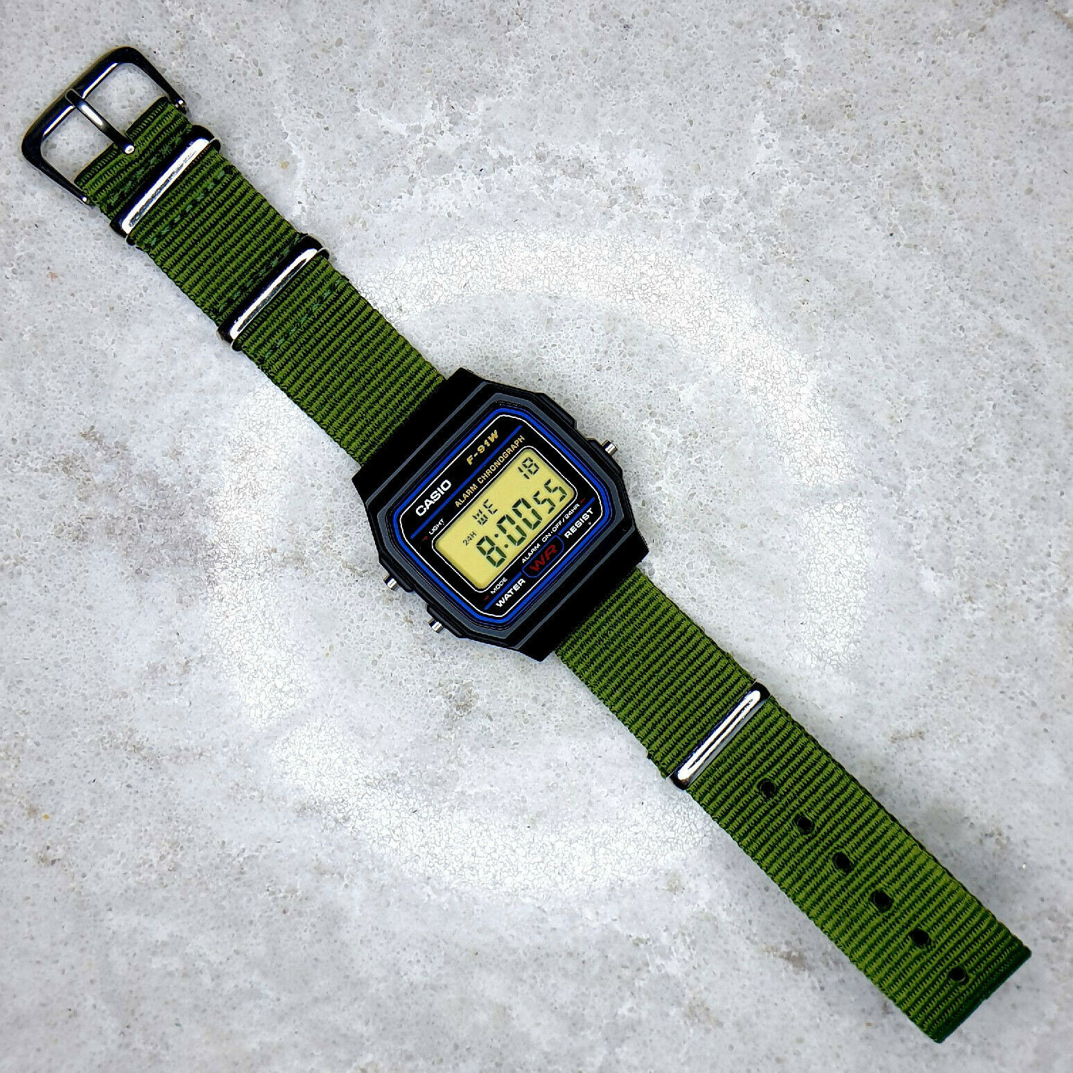 Casio F-91W Watch on a Green Ballistic Nylon Strap, F-91W-1YEF