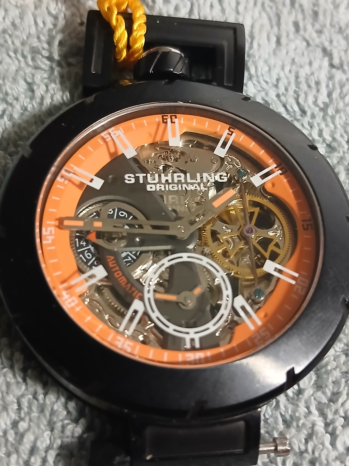 Stuhrling Original Men’s Watch Orange Black Skeleton Automatic Black NEEDS BAND