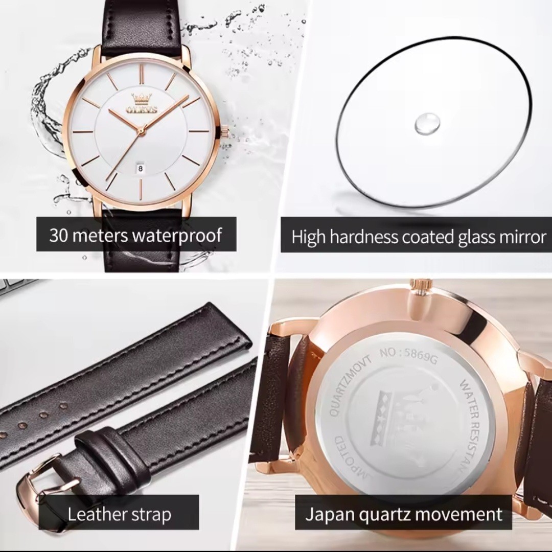 Olevs Quartz Watch for Men Ultra Thin 6.5mm Waterproof Date Fashion Leather band