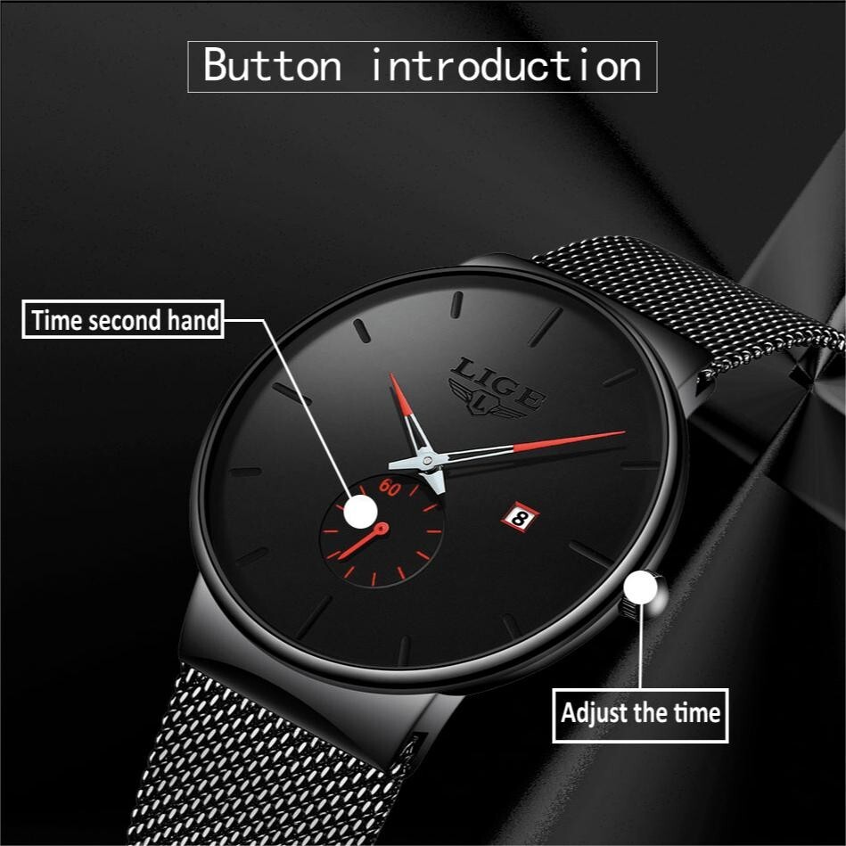 Ultra-thin Men Quartz Watch Stainless Steel Date Waterproof Casual Wristwatch