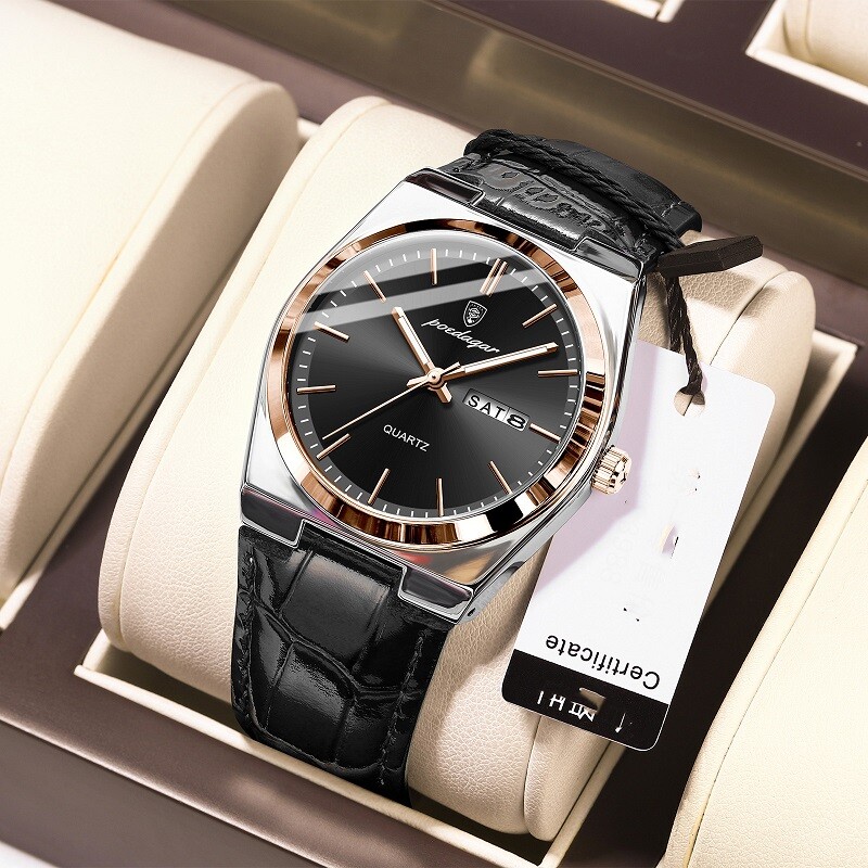 POEDAGAR Fashion Analog Men Watch Waterproof Luminous Leather Quartz Wristwatch
