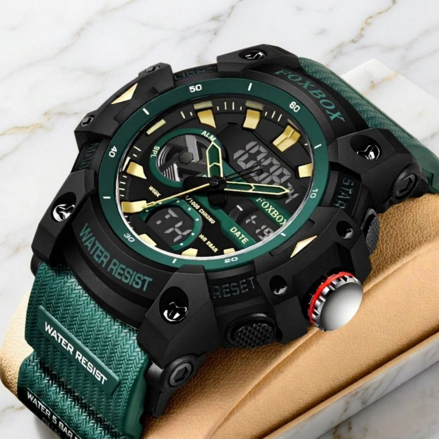 Men’s Sporty Quartz Digital Analog Luminous Waterproof Watch Green Black Dial