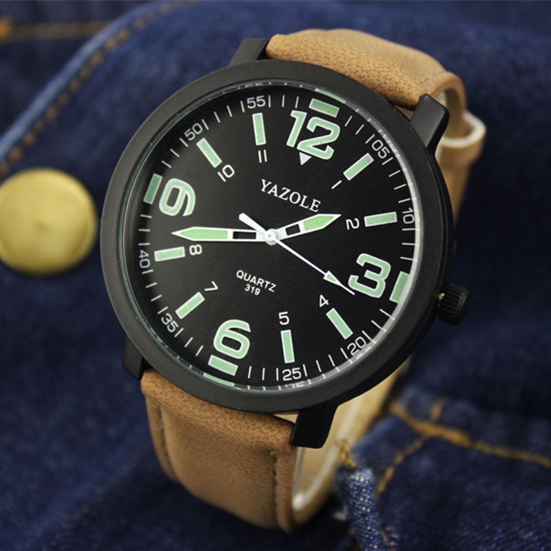 Casual Style Analog Black Dial Watch Luminous Glow Dial Quartz, Brown Strap