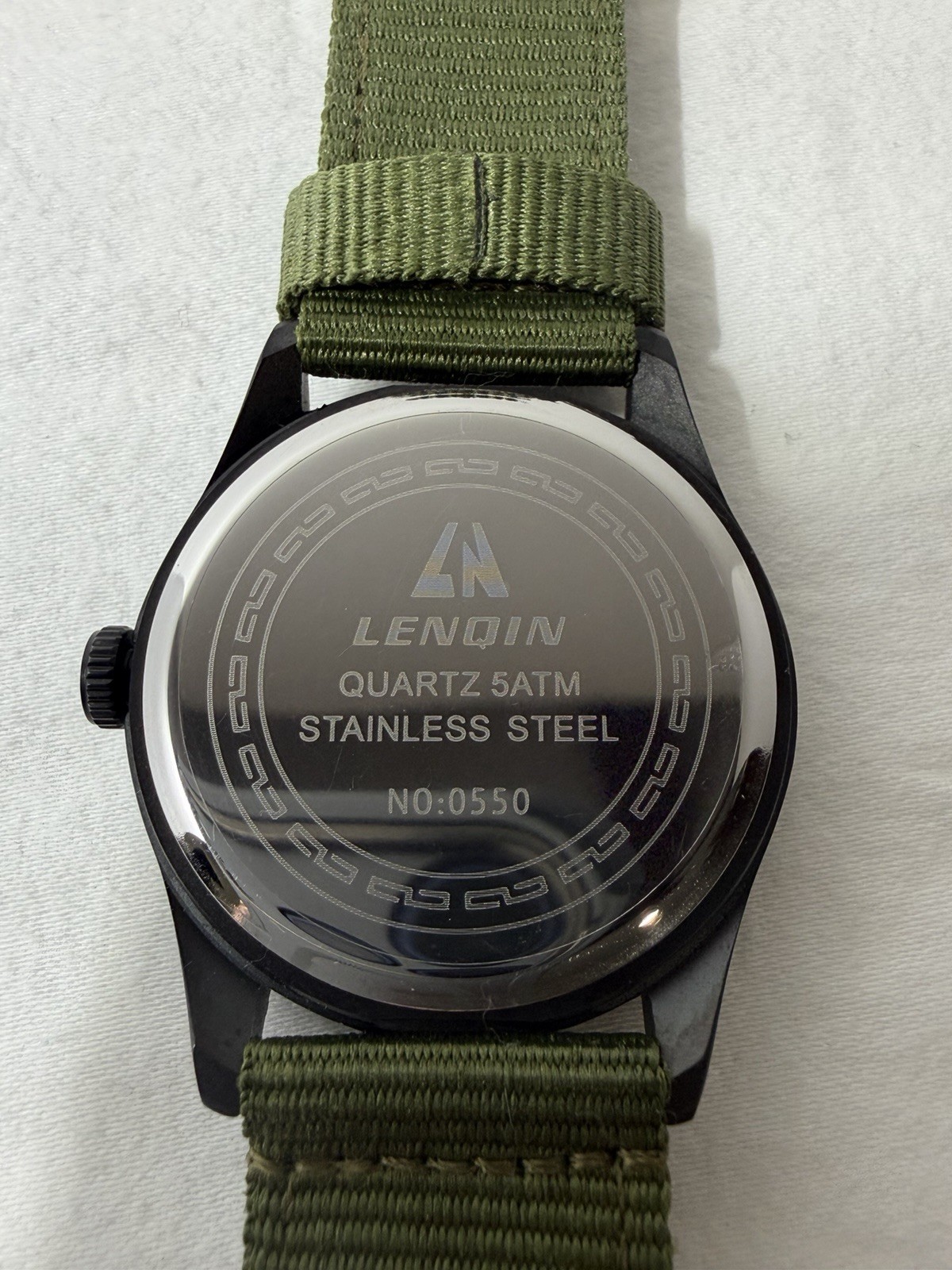 Lenqin Quartz Field Watch 50M WR Black Case Olive Green Strap Quartz 5ATM SS