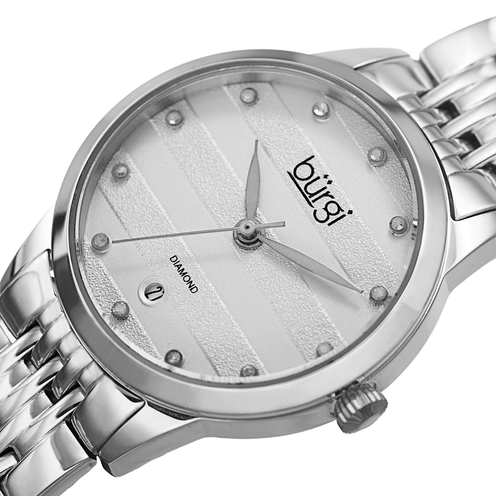 Women’s Burgi BUR146SS Embossed Horizontal Design Twelve Diamond Dial Date Watch