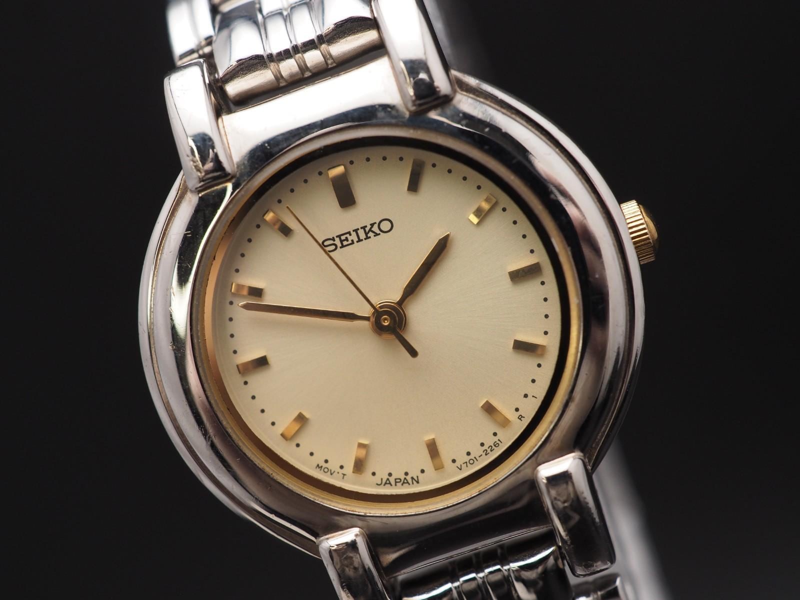Vintage 1997 N MINT Seiko V701-1791 Gold Dial Qz 24mm Womens Watch JAPAN