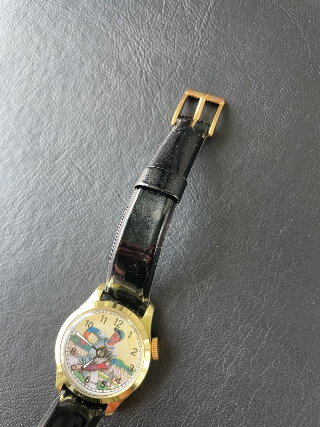 Vintage Swiss Made Baseball Player Character Wrist Watch with Black Strap