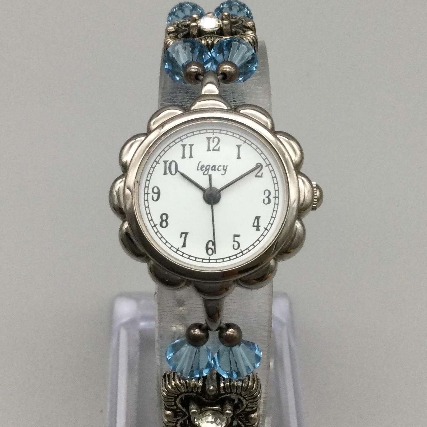 Legacy Womens Watch 24mm Silver Tone Blue Bead Bracelet New Battery 6.5″