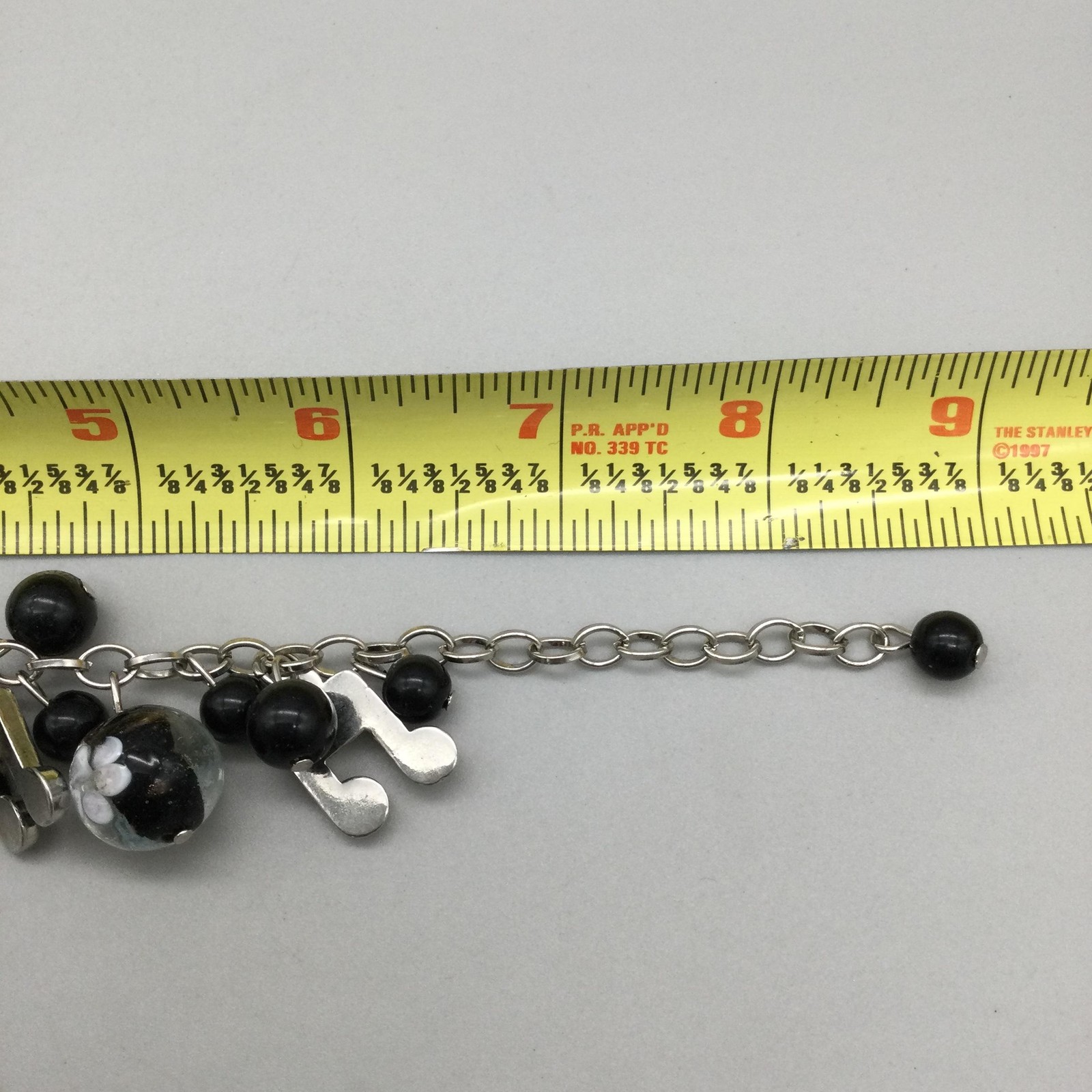 JQ Music Note Charm Bracelet Watch Womens 22mm Black Glass Beads New Battery 8″