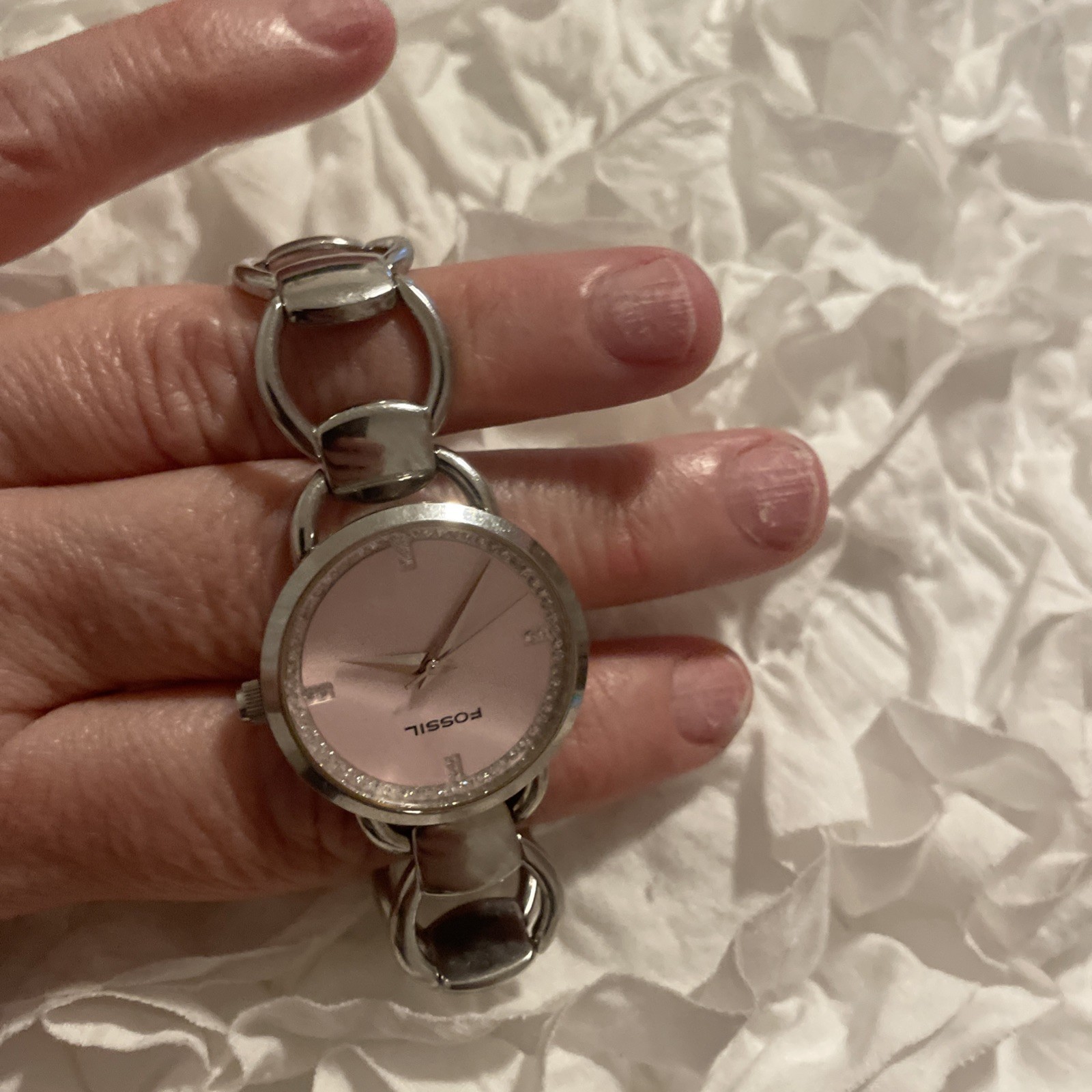 Fossil F2 Women Watch 30mm Round Pink Dial Silver Tone Link Working