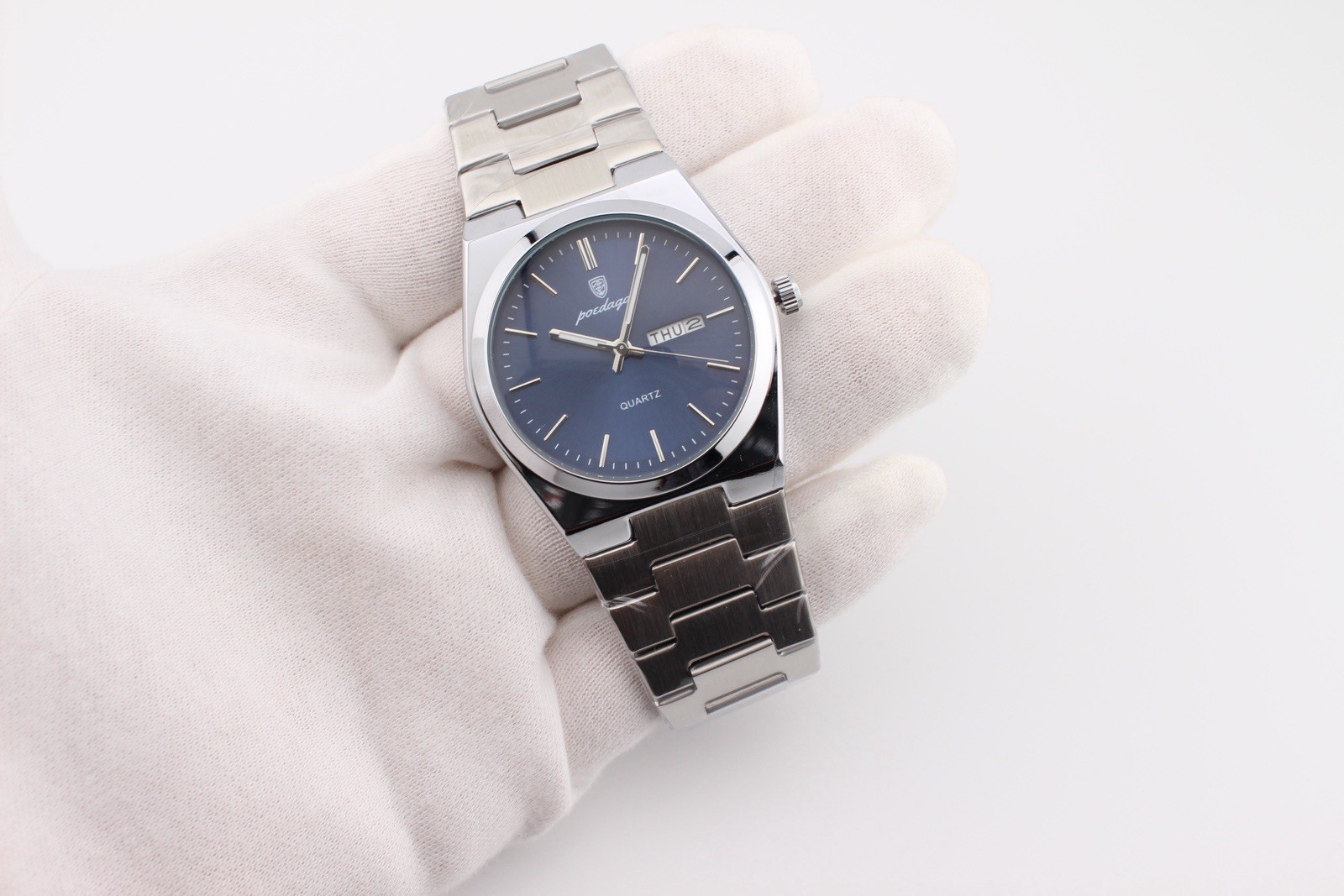 Poedagar Men’s Quartz Watch 40mm Blue Dial Stainless Steel Day Date 6.5″ 3ATM