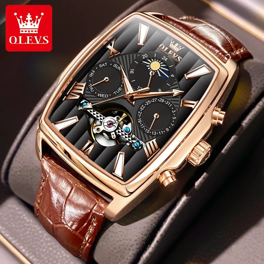 OLEVS Automatic Men Watch Mechanical Date Square Luminous Dial 30M Leather strap