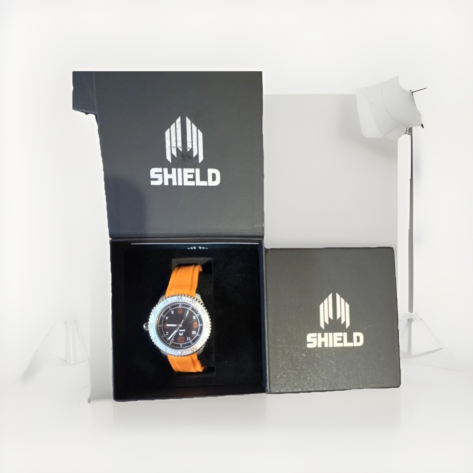 Shield Men’s Analog Wristwatch Orange Rubber Band Black Dial with Box
