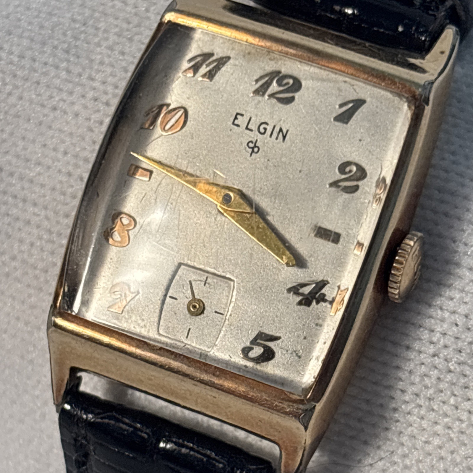 Vintage Elgin DuraPower 10K Gold Filled Tank Watch – Hadley Teju Strap – RUNS