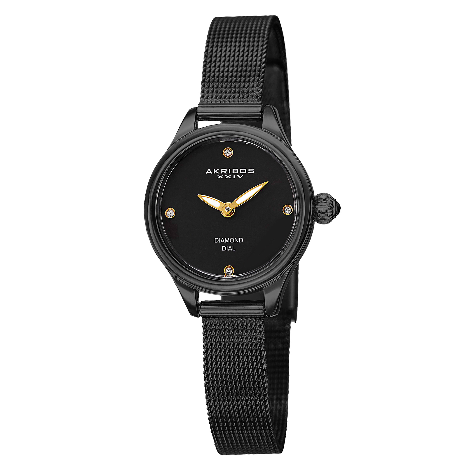 New Women’s Akribos XXIV AK873BK Diamond Indexes Black Mesh Bracelet Watch