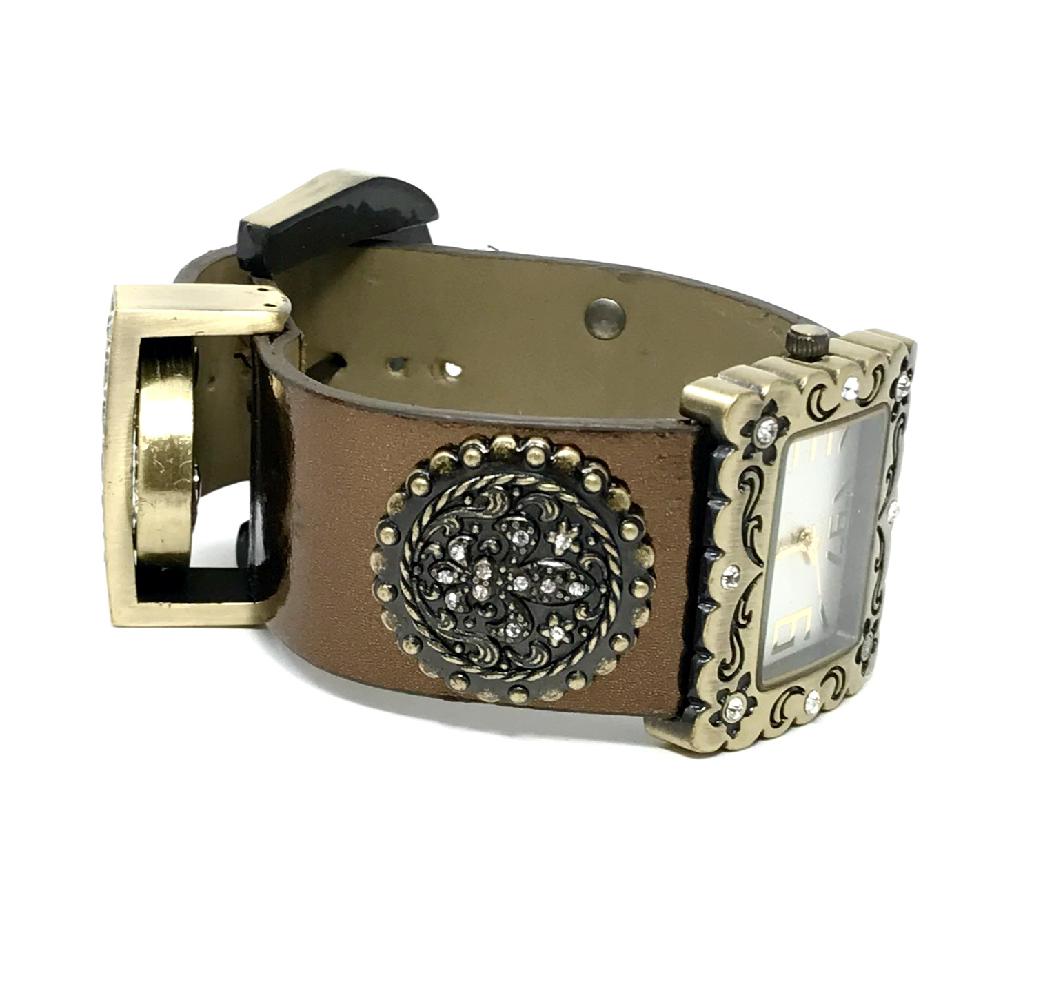 Western Faux Leather Cuff Watch Crystal Bling Fleur de Lis Buckle New Battery