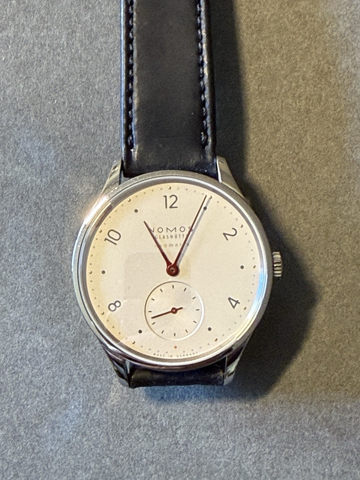Nomos Minimatik Steel Leather Strap White Silver-plated Dial Watch 35.5mm