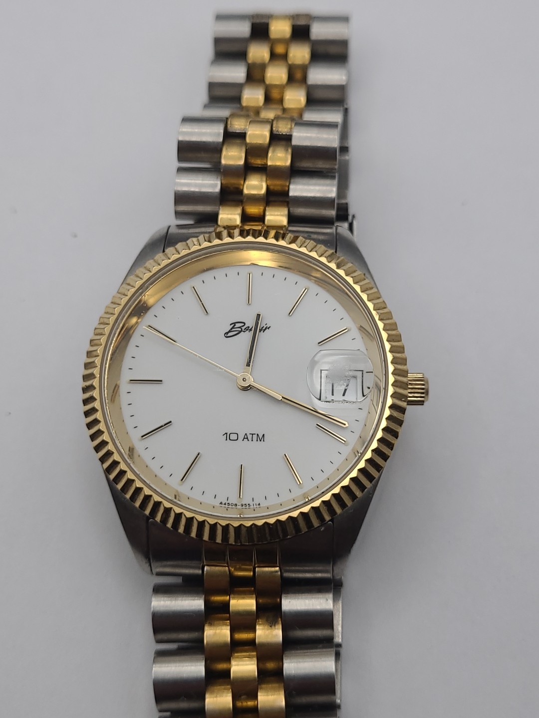 BELAIR Mens Analog Quartz Watch Fluted Bezel White Dial New Battery Working