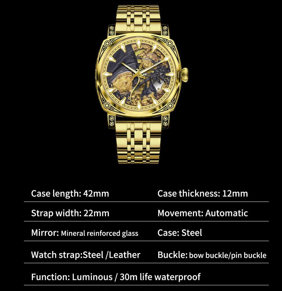 GLENAW Men’s Luxury Mechanical Watch with Skull Art Relief Dial Fashion Casual