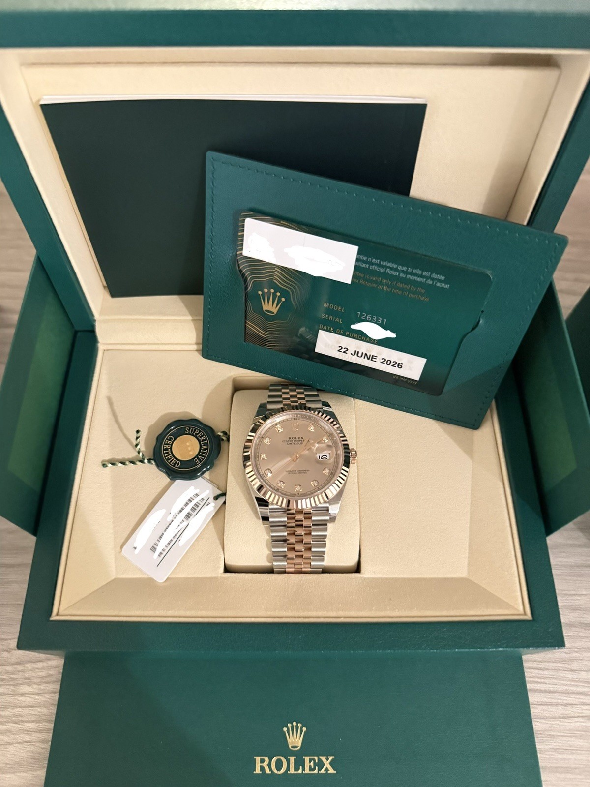 NEW Rolex Datejust 41mm Everose Rolesor, Sundust, diamond dial- FULL SET 6/22/26