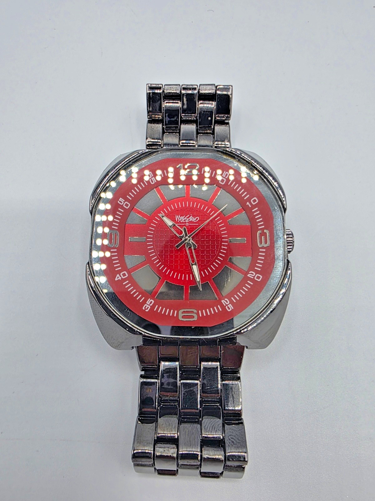 Mossimo Mens Quartz Watch w/ Red Dial Face Blackish Case & Metal Band