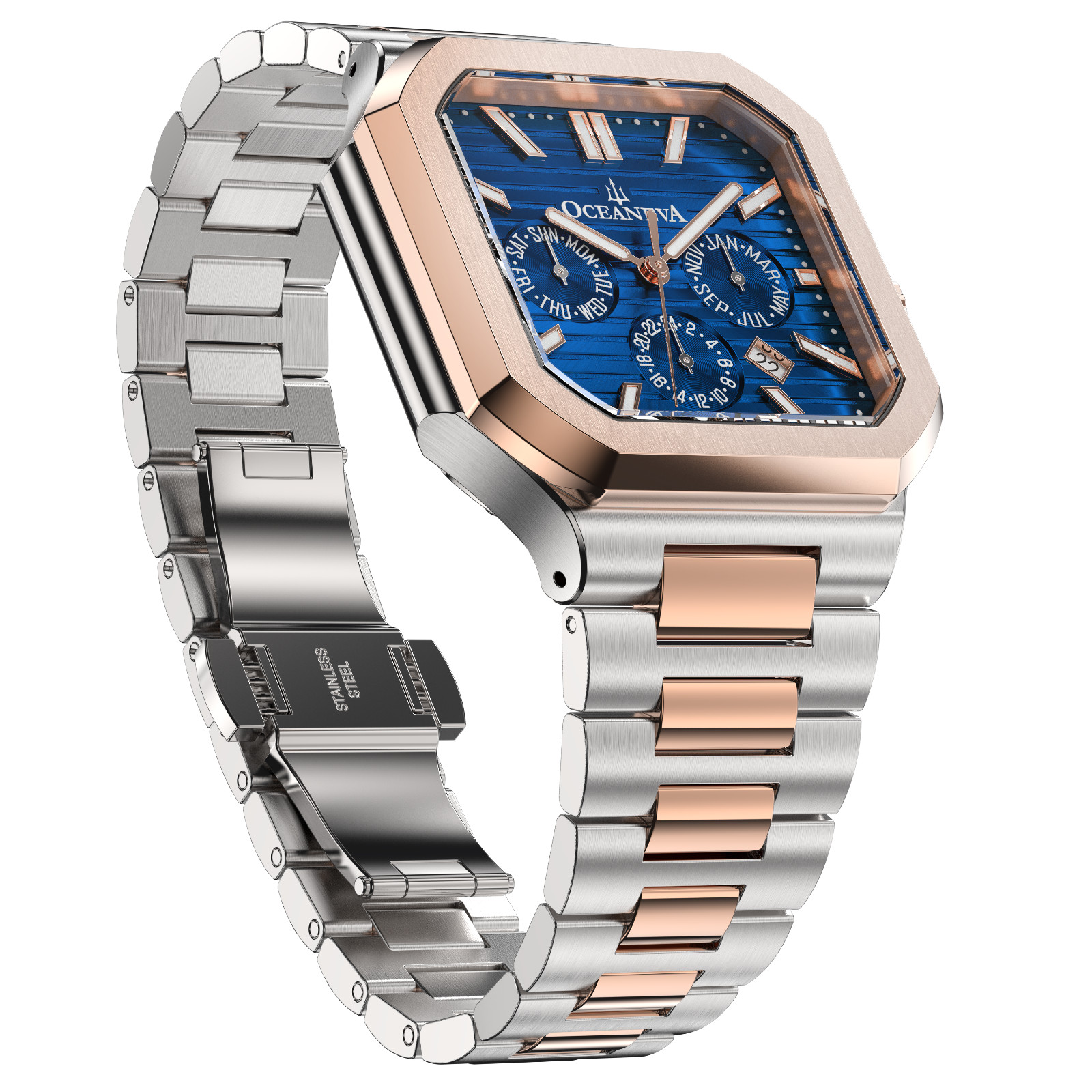 Oceaneva Men’s Tenuis Automatic Calendar Thin Watch – Blue & Rose Gold