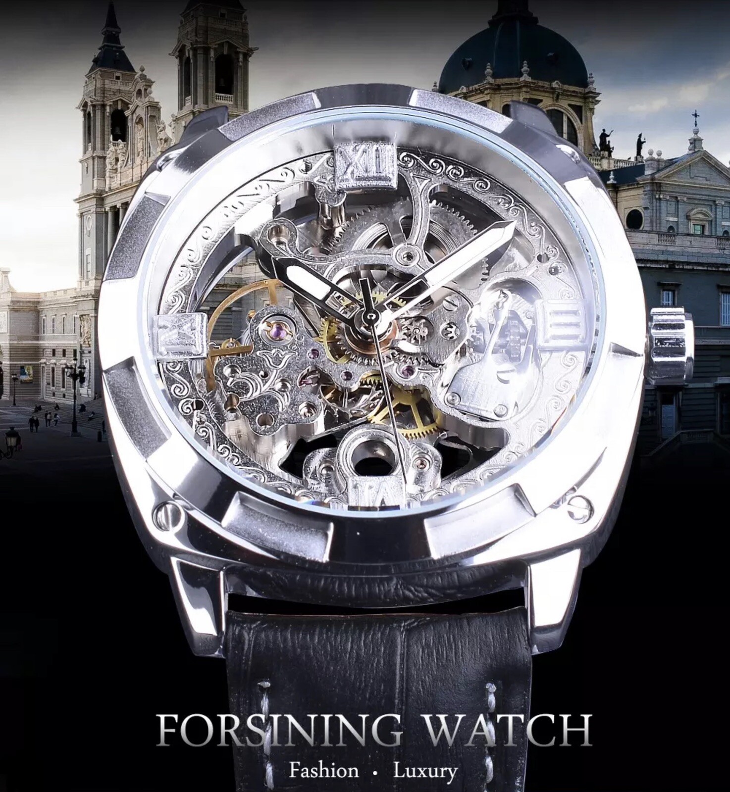 Forsining Mens Skeleton Mechanical Waterproof Luxury Watch Leather Gift Idea