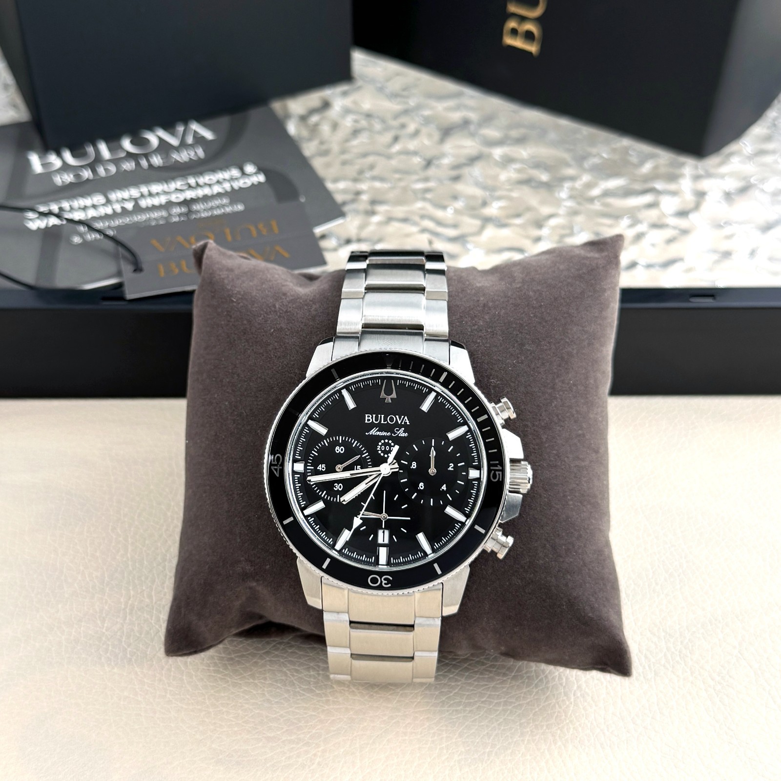 Bulova Marin Star C Quartz Silver Tone Black Dial Men’s Watch 96B2721 45mm