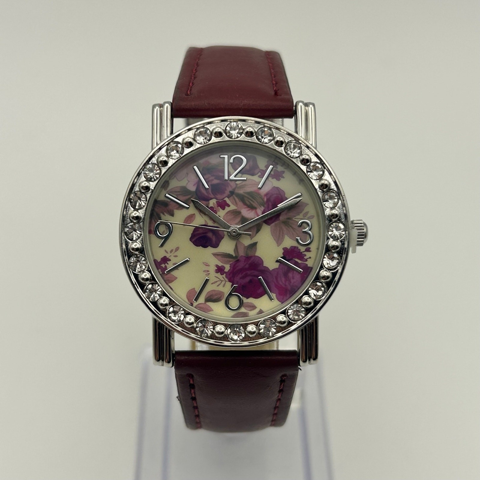 Floral Dial Crystal Bezel Women’s Watch Brown Leather Working New Battery