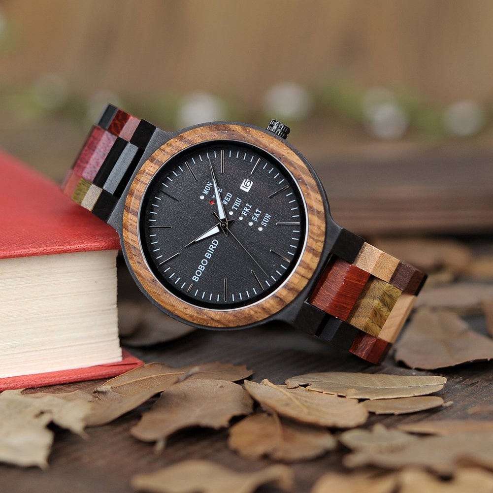 Natural Wood Watch Colorful Mens Wooden Watches Week & Date Display Japanese …