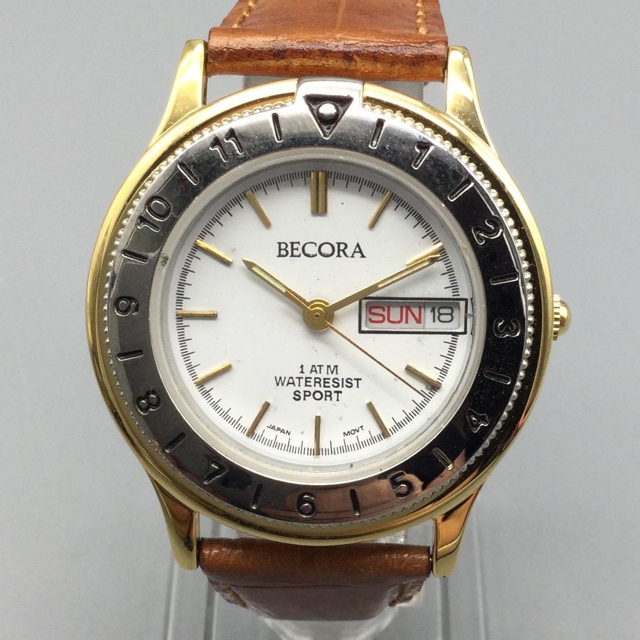 Becora Mens Watch 32mm Silver Gold Tone Brown Leather Day Date New Battery