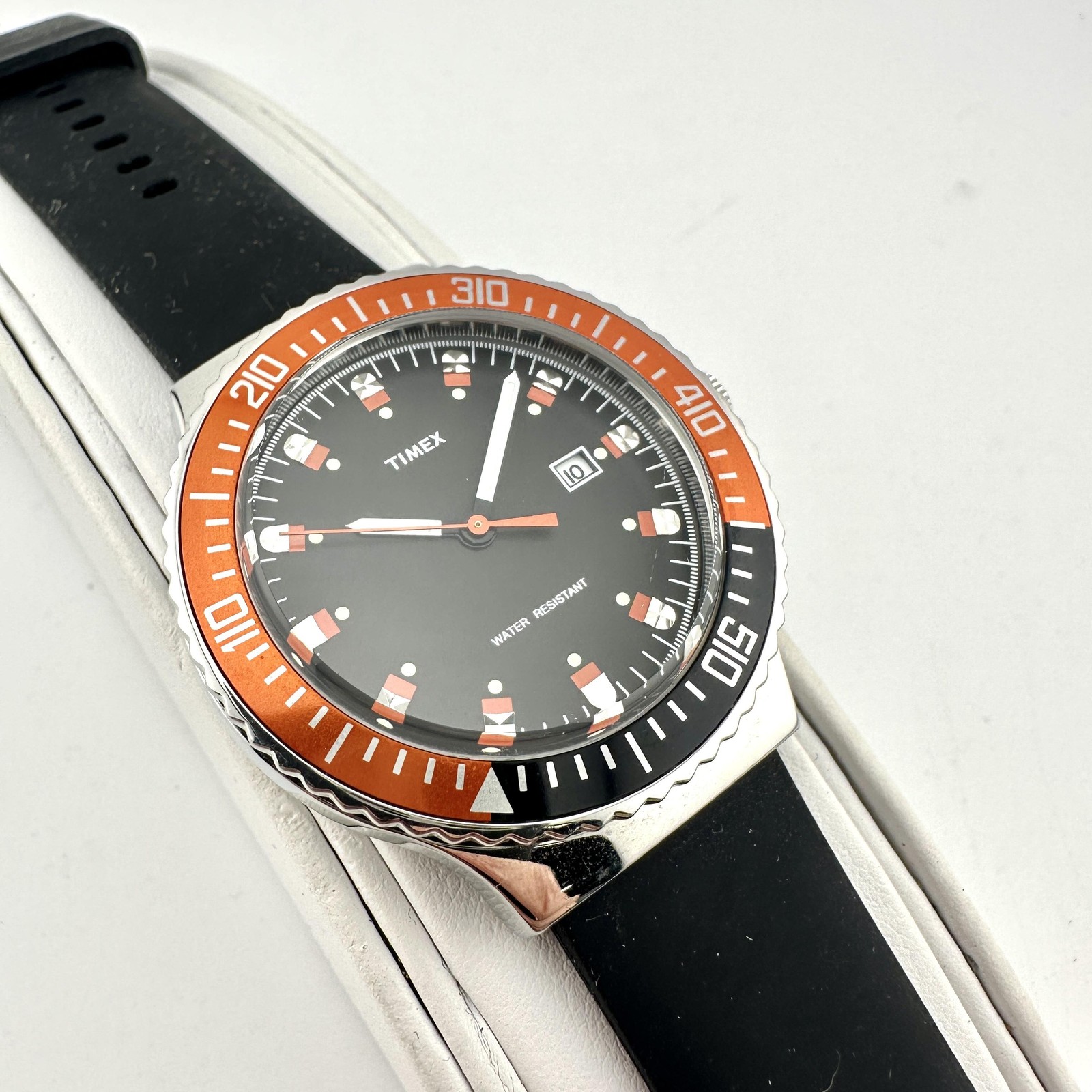 Timex Mens Watch 42mm Black Dial Orange Black Bezel Rubber Strap T2P224