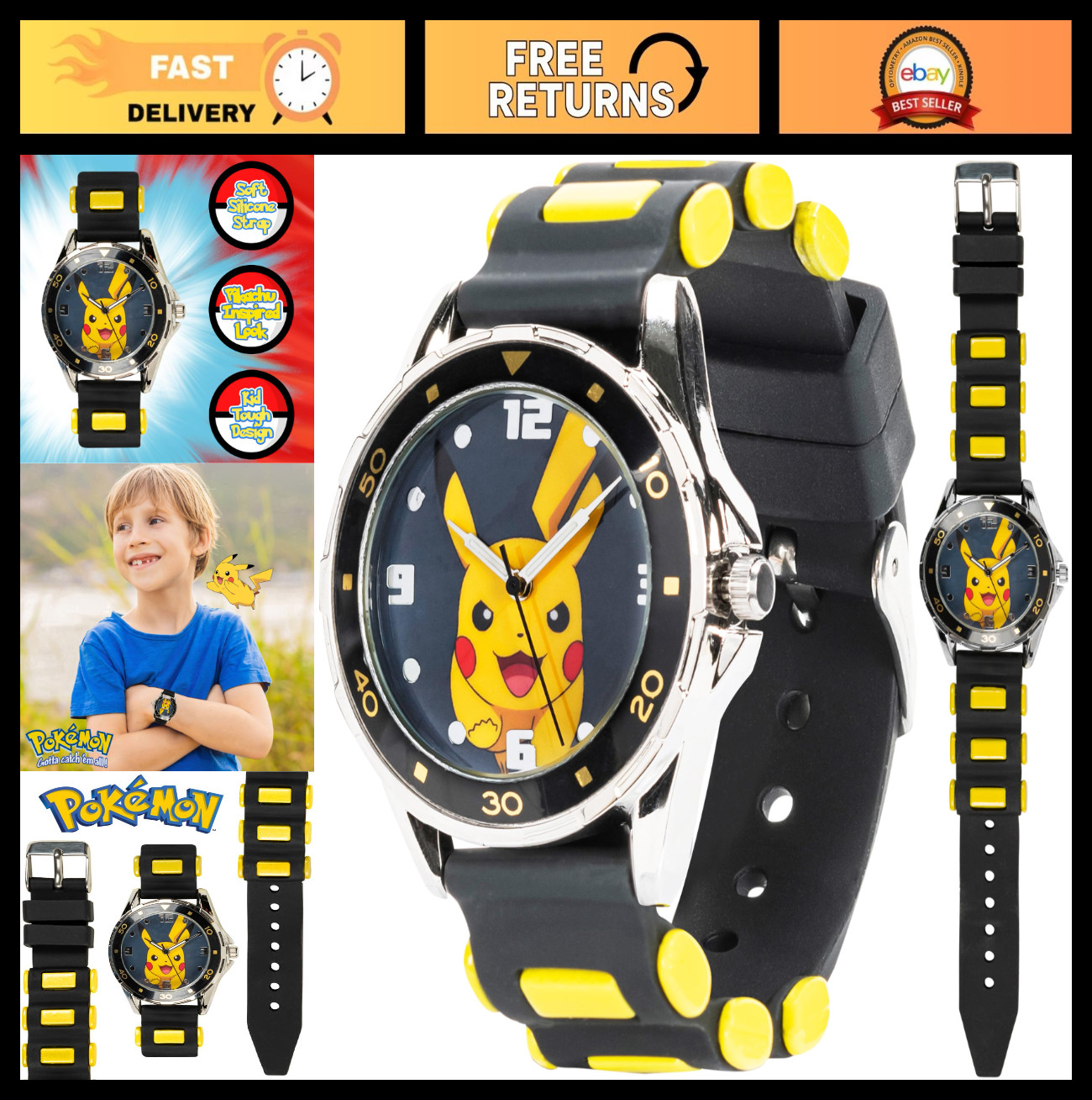 Pokemon Pikachu Analog Quartz Watch for Kids, Boys, Girls, All Ages – Fun & Styl