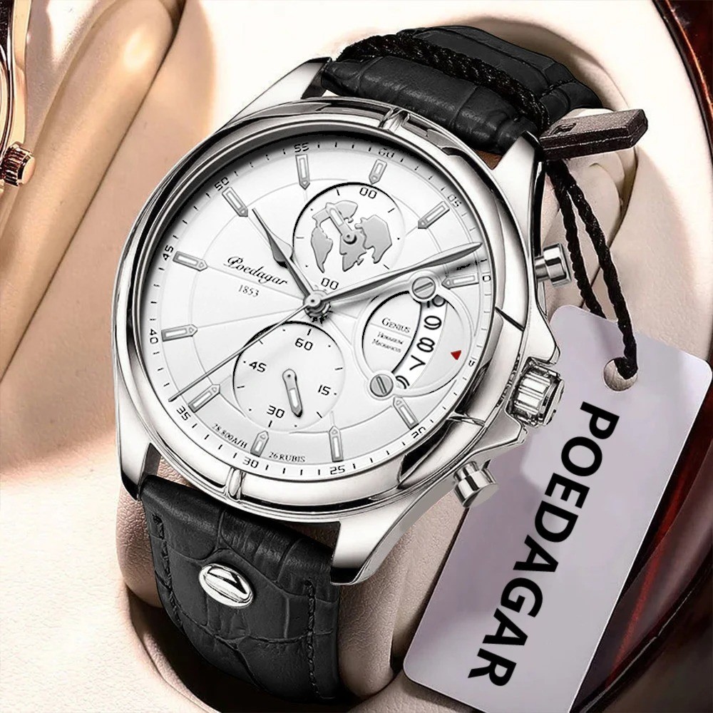 POEDAGAR Luxury Man Wristwatch Chronograph Date Waterproof Leather Men Watch Cas